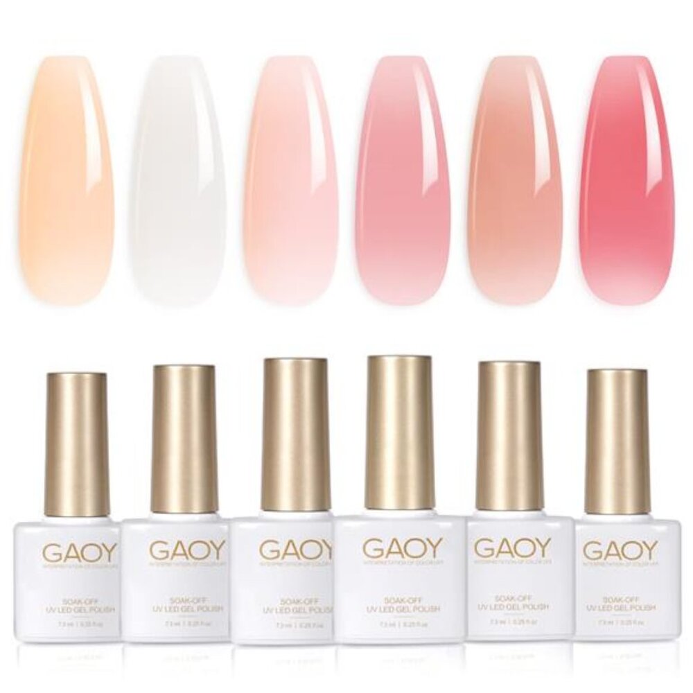 Milky White Jelly Nude Gel Nail Polish Set, 6 Transparent Colors Sheer Pink